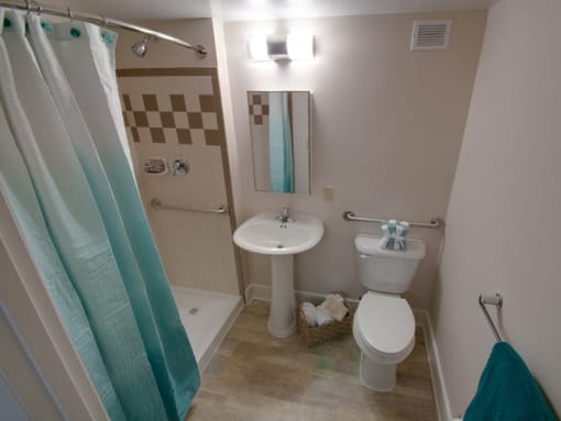 Bathroom with Shower Stall and Grab Bars