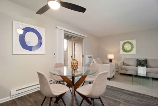 Ceiling Fan, Dinning Table and Sofa in Living Room at St. Charles Oaks Apartments, Thousand Oaks, CA, 91360