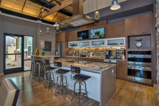 Upgraded Resident Clubhouse Kitchen in Denver Apartment with Mountain Views