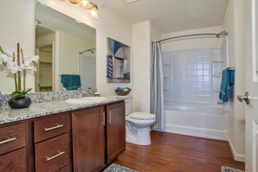 Renovated and Upgraded Granite Countertops in Luxurious Bathroom at Ironhorse Apartments 80501