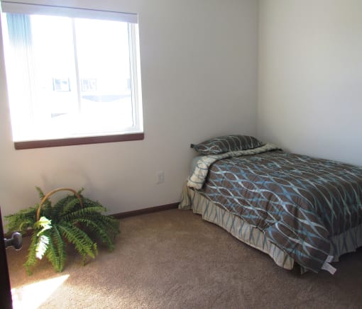 A bedroom with a bed, a window, and a potted plant.