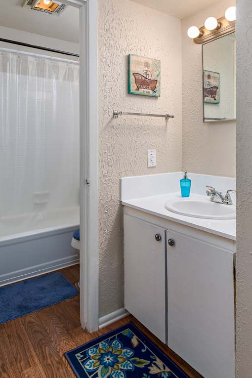 a bathroom with a sink and a shower and a mirror