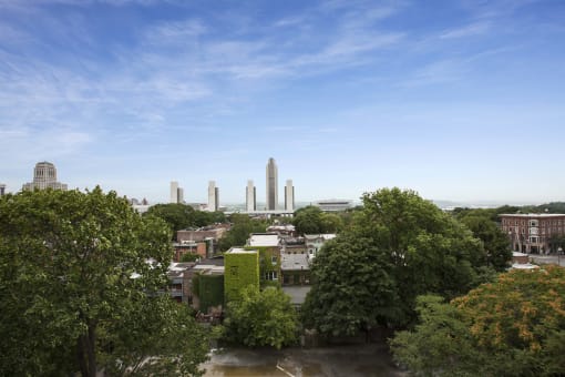 Aerial view of a city with mountains at Willett Apartments, Albany, NY, 12210