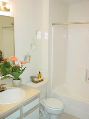 A white bathroom with a toilet, sink, and tub.