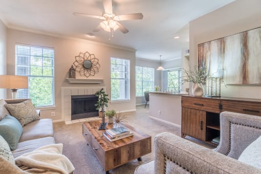 Living Room With Fireplace  at Vista Springs, Lewisville, Texas
