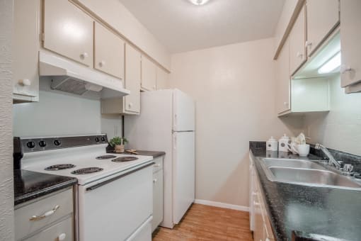 Plank floor and stainless steel double sink  at Garden Park, Irving, TX