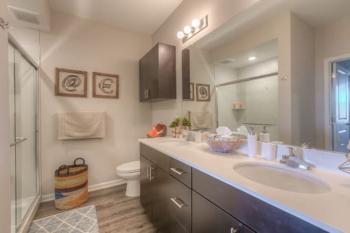 bathroom with dual sinks and walk in shower  at EdgeWater at City Center, Lenexa, KS, 66219