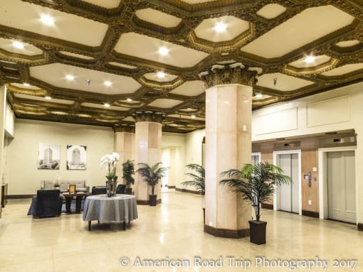 restored lobby with marble and gold trim at Thomas Jefferson Tower, Birmingham, Alabama