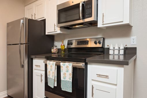 Kitchen with stainless steel appliances at Mission Trails Apartments San Diego, California, 92119