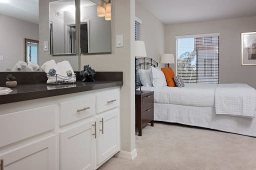 Bathroom and bedroom at Mission Trails Apartments San Diego, San Diego, 92119