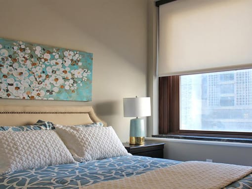 Bedroom With Expansive Windows at Residences at Leader, Ohio, 44114