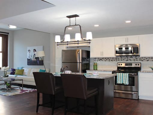 Gourmet Kitchen With Island at Residences at Leader, Cleveland, OH