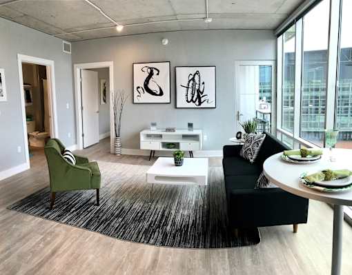Panoramic Windows in Spacious Living Room Venue Tower Apartments
