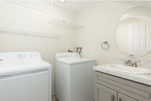 In-Unit Laundry Area with Vanity Sink, Cabinet, and Mirror at Woodlake Townhomes, Washington, 98026