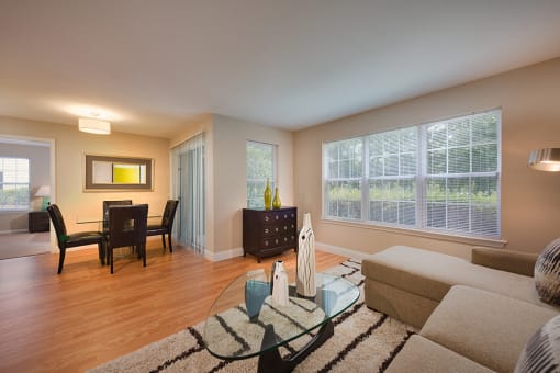 Furnished apartment living room showing abundant windows, balcony, and dining area in the background.