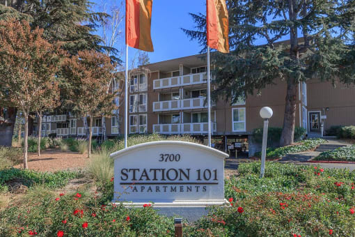 front building sign with flags