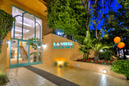 Night Time Decorated Entrance at La Vista Terrace, Hollywood