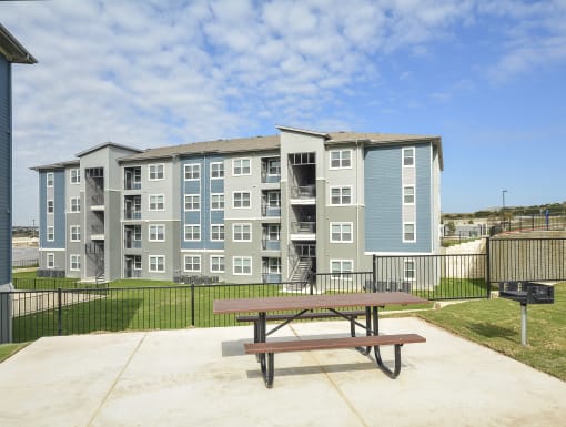 Inviting outdoor gathering space featuring a picnic table, grill station, and open green views of the community. at Walnut Creek, Texas