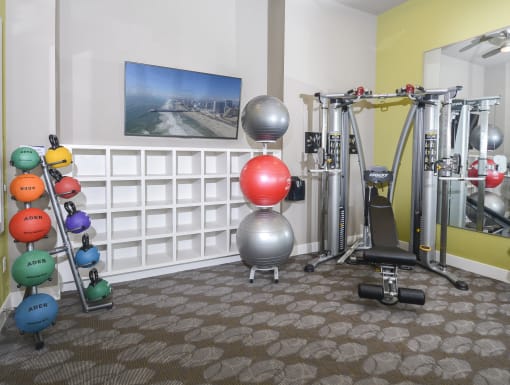 Fully equipped community gym featuring modern exercise machines, strength-training resources, and a comfortable workout environment.