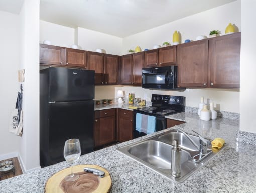 Contemporary kitchen featuring rich wood cabinets, spacious countertops, and a full set of modern appliances.