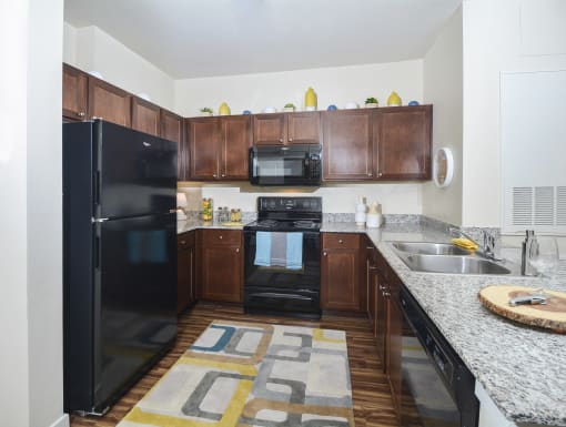 Contemporary kitchen featuring rich wood cabinets, spacious countertops, and a full set of modern appliances.