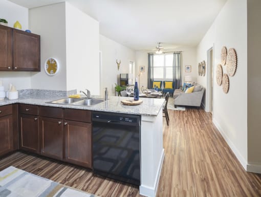 Open-concept kitchen and living area with spacious countertops, dark wood cabinetry, and a bright, inviting layout.