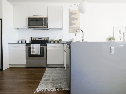 White interior kitchen at The Fowler Apartments, Boise