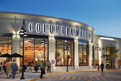 Mall shopping center exterior entrance at The Brook At Columbia Apartments, Maryland, 21044