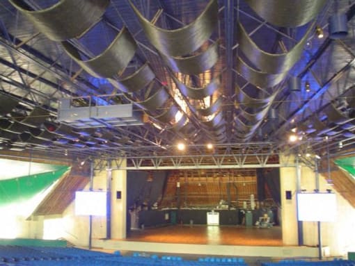 Theater room with stage and exposed ductwork at The Brook At Columbia Apartments, Columbia, 21044