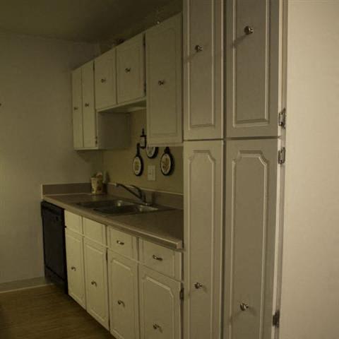 a kitchen with white cabinets and a black dishwasher