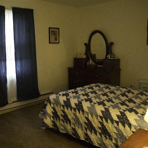 a bedroom with a bed a dresser and a mirror