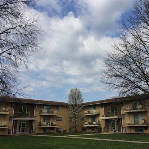 an apartment building with a tree in the middle in front of it