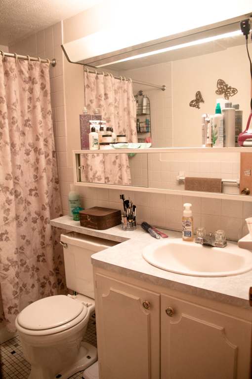a bathroom with a sink, toilet, and a shower curtain