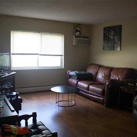 a living room with a leather couch, a coffee table, and a tv