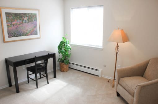 a bedroom with a desk and a chair and a window