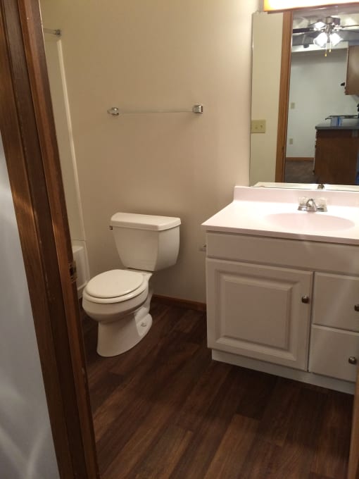 Image of bathroom with vanity, mirror, and toilet
