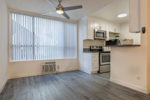 Dining area and kitchen with large picture window