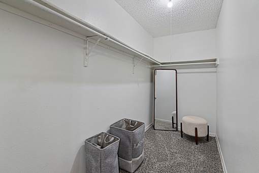 Large walk-in closet with shelving and carpet flooring