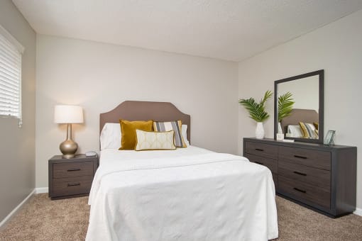 Comfortable Bedroom With Pillow at Parc at 5 Apartments, Downey, CA, 90240