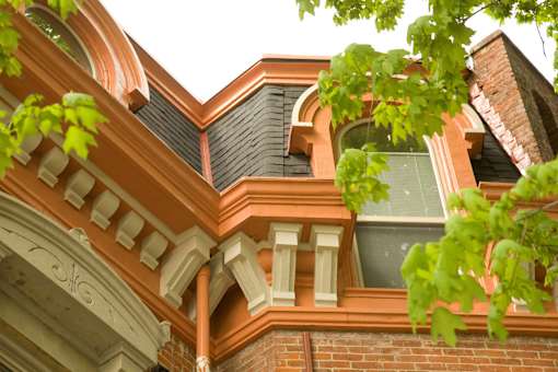 Top of apartment building with tree leaves