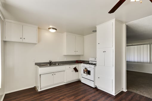 Kitchen with wood inspired floors throughout the dining area