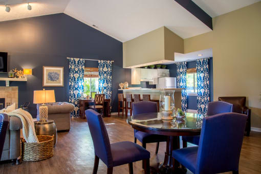 Clubhouse amenity with blue chairs 