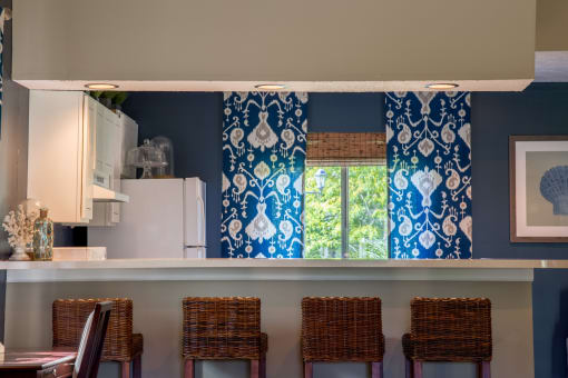 counter top in kitchen with blue curtains at Bradford Run in Kokomo, IN