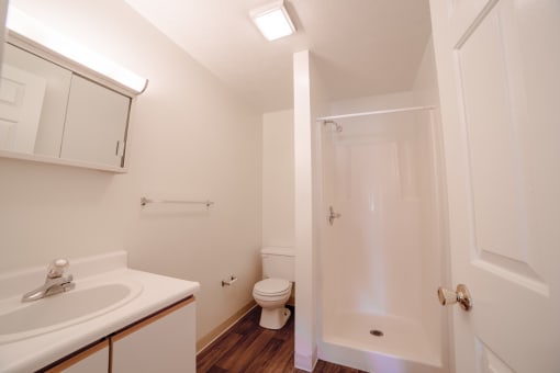 white bathroom with shower at Bradford Run in Kokomo, IN