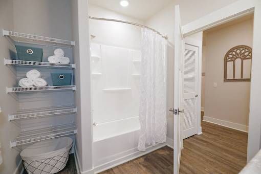 Shower and linen closet at McHenry Square Apartments, Georgia