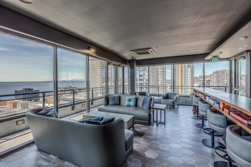 O2 Apartments Clubhouse Seating Area with City View