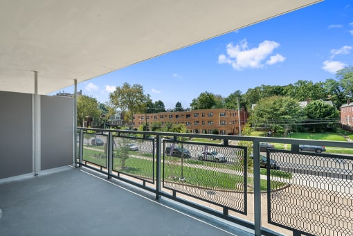 Large private balcony with view of City Avenue on sunny day in Philadelphia