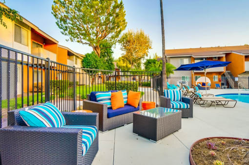 Pool Side Lounge Area at Pacific Trails Luxury Apartment Homes, Covina, California