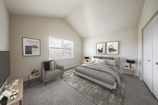 Master bedroom with cozy bed at The Apartments at Owings Run, Owings Mills, MD, 21117