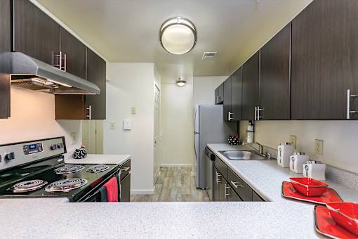 Kitchen with cabinets and light at The Apartments at Owings Run, Owings Mills, MD, 21117